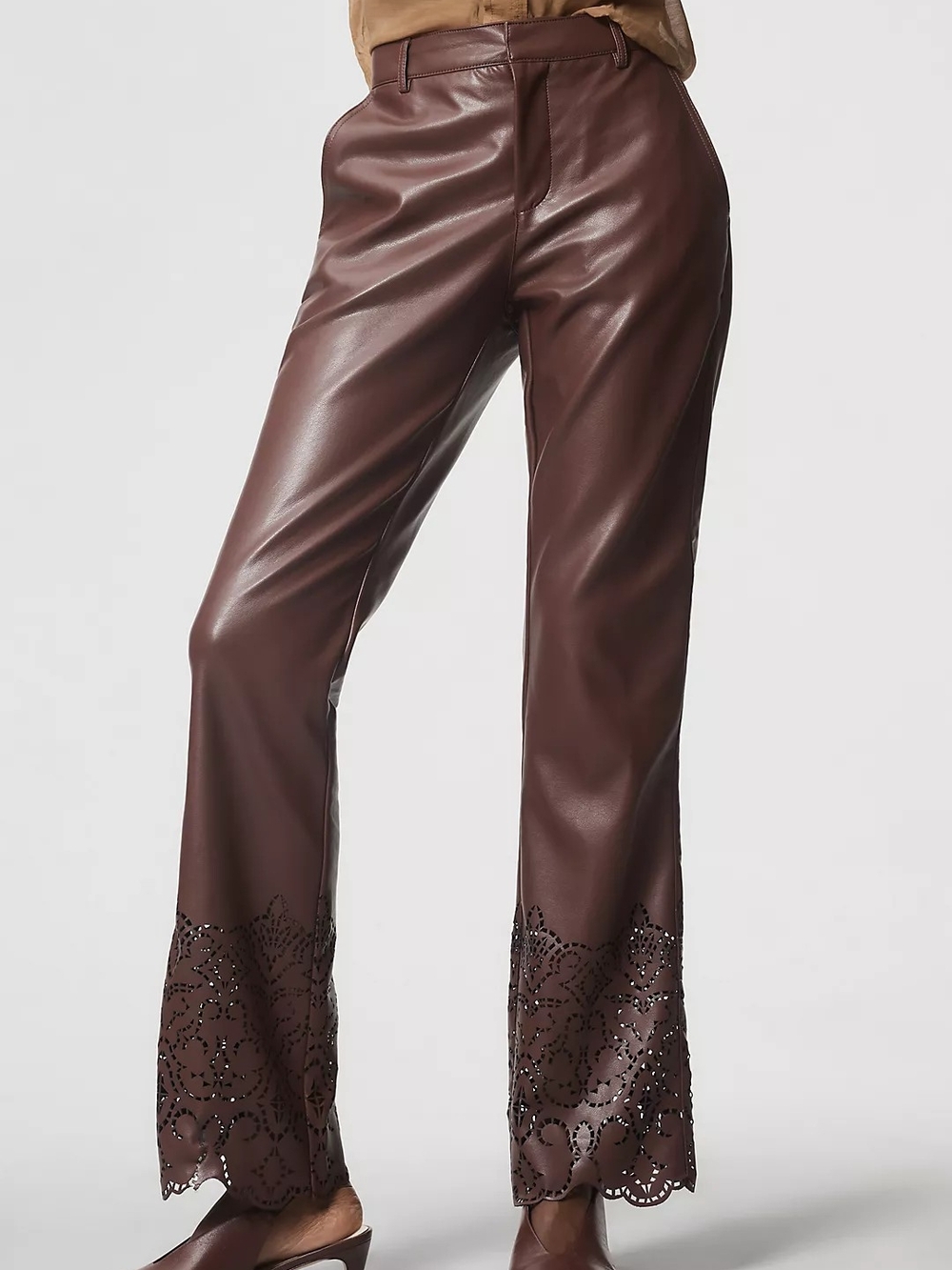 Anthropologie Chocolate Brown Wide-Leg Faux Leather Pants with Laser-Cut Hem